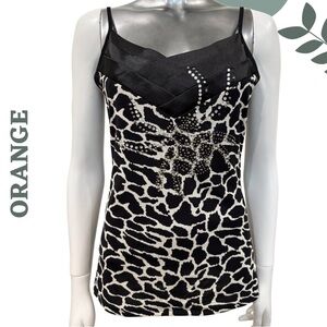 🛍️ Orange Rhinestone Animal-Print Cami – Black/White, S/M